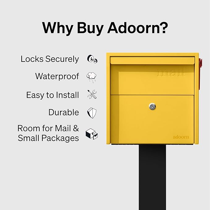 Adoorn Lockable Post Mount Mailbox | Small (Curb Yellow) Size 12 x 12 x 18.5 (HxWxD) Anti-Theft Locking Mailbox with 2 Keys, Modern Mailbox with Flag, Weatherproof Mailboxes for Outside