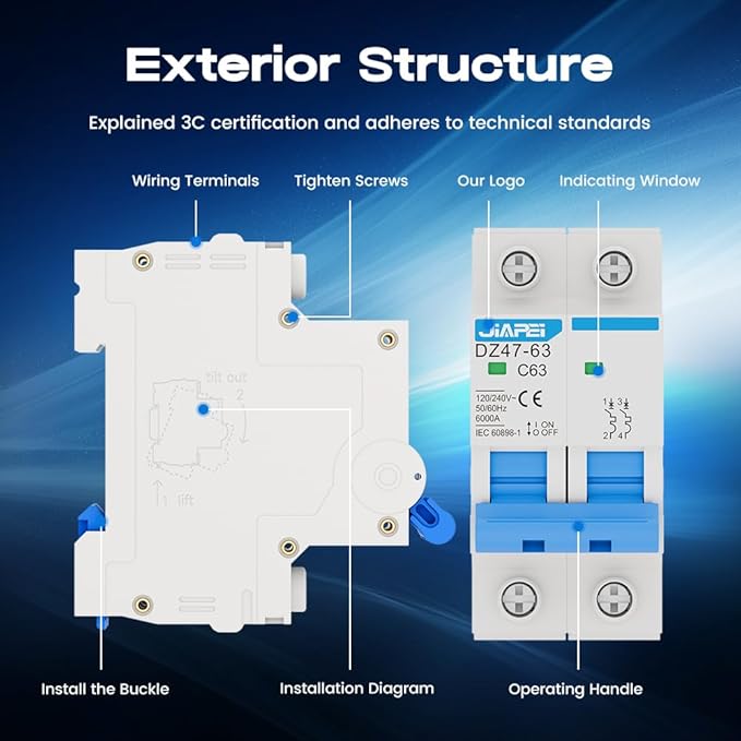 AC Miniature Circuit Breaker, 120V/240V 2 Pole 63 Amp DIN Rail Mount Circuit Breaker, MCB C63 Solar AC Disconnect Switch,Thermal Magnetic Trip