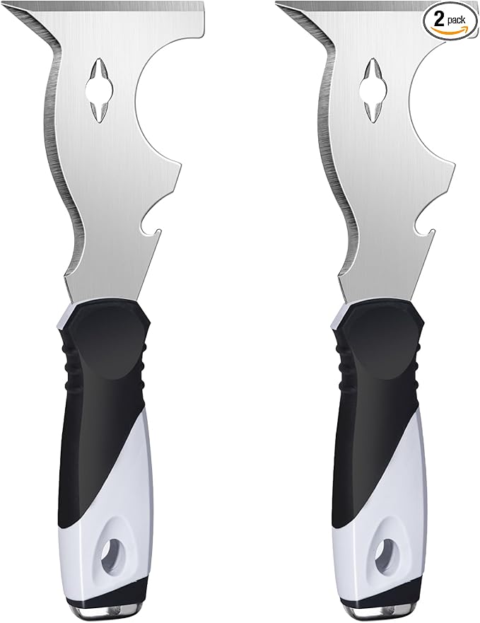 Mister Rui 2 Pack 10 in 1 Putty Knife - Multi Use Painters Tool, Taping Knife, Paint & Metal Scraper with Hammer End, Razor Blade Spackle Tool