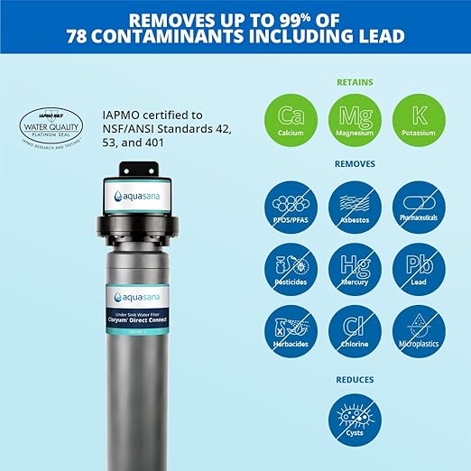 Aquasana Water Filter for Sink Faucet | Reduces 99% of 78 Contaminants Including Chlorine & Lead from Tap Water | Under Sink Filtration | Claryum Direct Connect | AQ-MF-1
