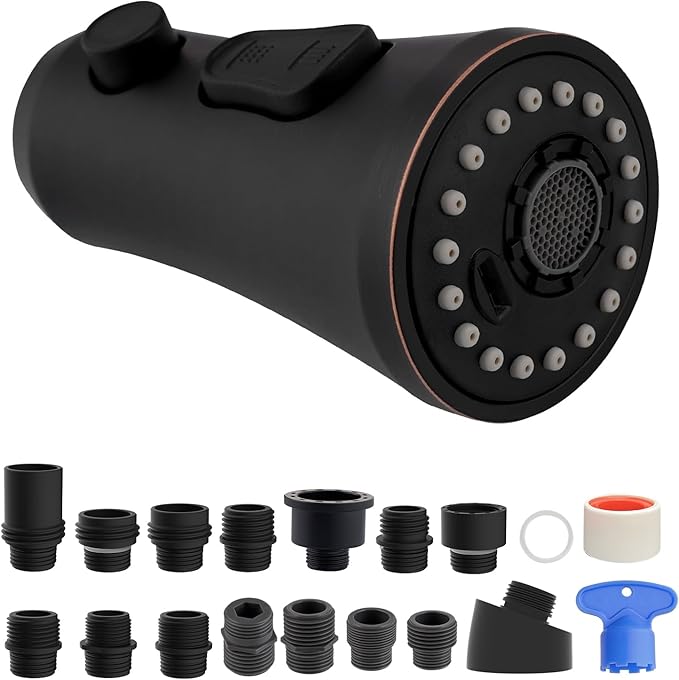 Hibbent Pull Down Kitchen Faucet Head Replacement, 3-Function NSF/ANSI/CAN 61 & CUPC Certified Sink Spray Nozzle, 15 Adapters, Compatible with Moen, Delta, Kohler Faucets, Oil-Rubbed Bronze
