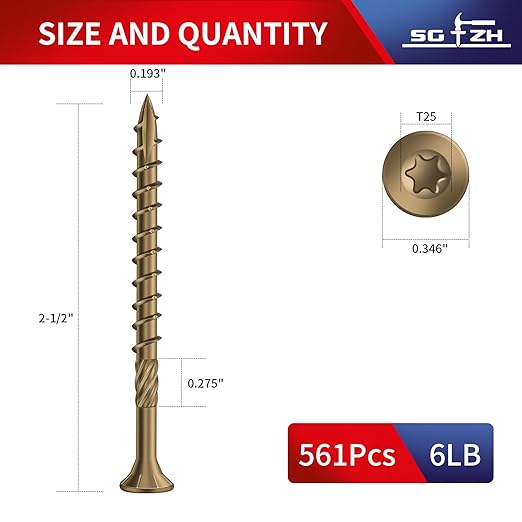 #9 x 2-1/2" Deck Screws (561Pcs) 6lb. Carbon Steel, Yellow, Flat Head, Rust Resistant epoxy Coated, with T25 Star Bit