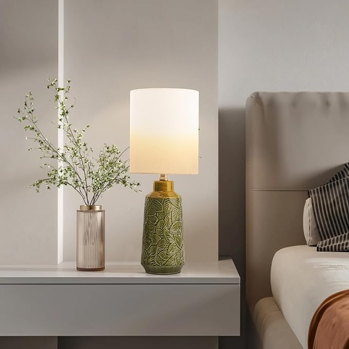 Ceramic Table Lamp Set of 2, 18" Modern Farmhouse Bedside Lamps with Leaf Pattern & White Linen Shade, Nightstand Lamps with Inline ON/Off Switch for Living Room, Bedroom, Dining Room