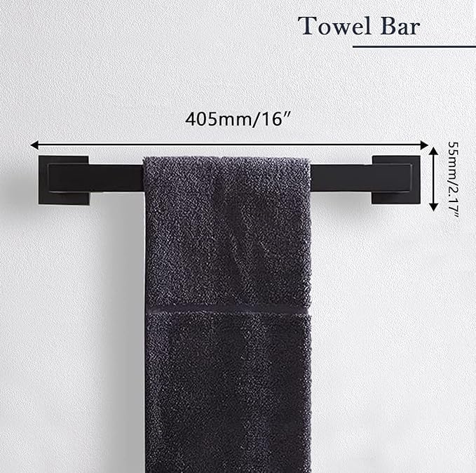 Bathroom Accessories Towel Bar Set: 15 Pieces Matte Black Bathroom Hardware Square SUS304 Stainless Steel - Wall Mounted Towel Rack&Toilet Paper Holder&Towel Ring and Towel Hook
