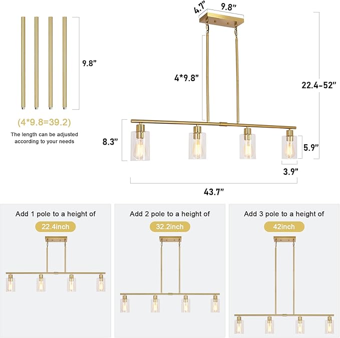 Modern Gold Kitchen Island Chandelier 4-Light Brushed Brass Farmhouse Pendant Light Industrial Kitchen Island Lighting Fixture with Glass Shades Hanging Lamp for Dining Living Room