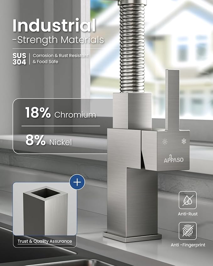 APPASO Square Kitchen Faucets with Pull Down Sprayer, 3 Modes SUS304 Stainless Steel Faucet for Kitchen Sink, Single Handle Kitchen Sink Faucet, Brushed Nickel