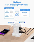 11-in-1 Power Strip Tower with Surge Protector 1800J, Fast Charging Tower PD20W USB-C Ports with 8 AC Outlets, 6ft Extension Cord for Home Office Dorm Room, White