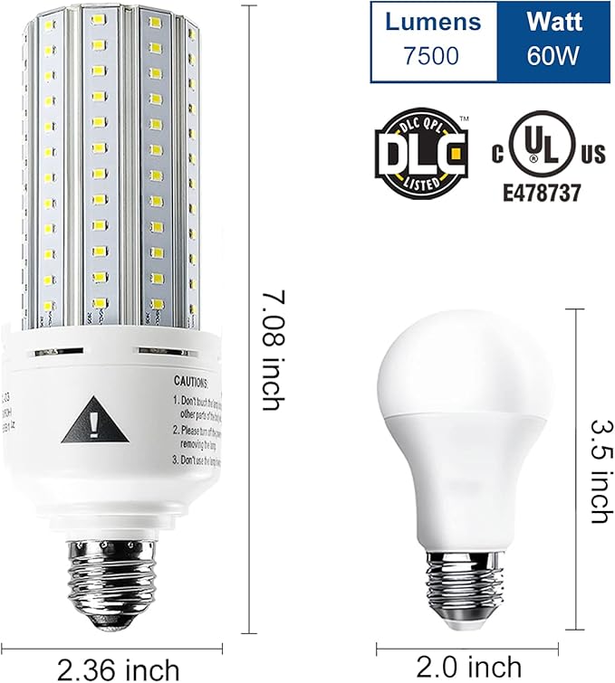 Mafuken 500W Equivalent LED Corn Light Bulb 7500 Lumen Led Bulbs 60W Super Bright 5000K Cool Daylight White E26/E27 Medium Base for Outdoor Indoor Workshop Garage Warehouse Factory Backyard… (A)
