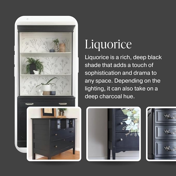 Country Chic All-in-One Chalk Paint for Furniture, Cabinets, Home Decor, Eco-Friendly, Matte Finish, Built-In Primer & Top Coat for Wood, Metal - Liquorice (Black) - 8 oz (237 ml)