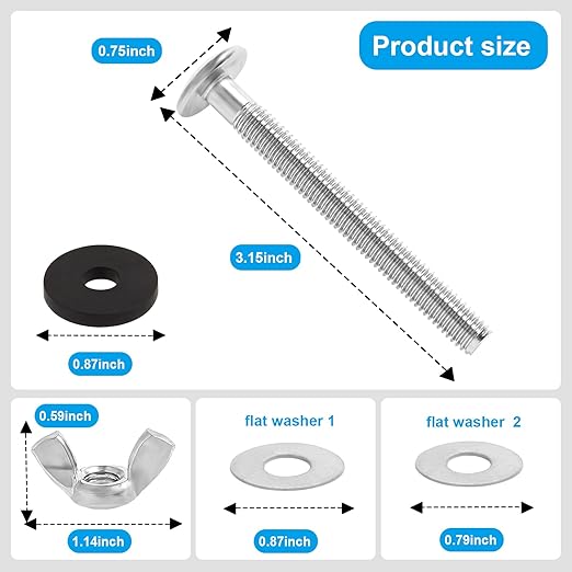 2PCS Universal Toilet Seat Bolts Kit,5/16 * 3.15 Inch Heavy Duty Stainless Steel Toilet Seat Screws with Specially Designed Stainless Steel Butterfly Downlock Nuts，Easy Installation and Long Lasting