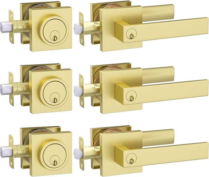 Haidms Gold Exterior Door Lock Set with Deadbolt, Gold Front Door Handle and Deadbolt Set, Entry Door Locksets, Heavy Duty Zinc-alloyed Front Door Lock Set (3 Pack)