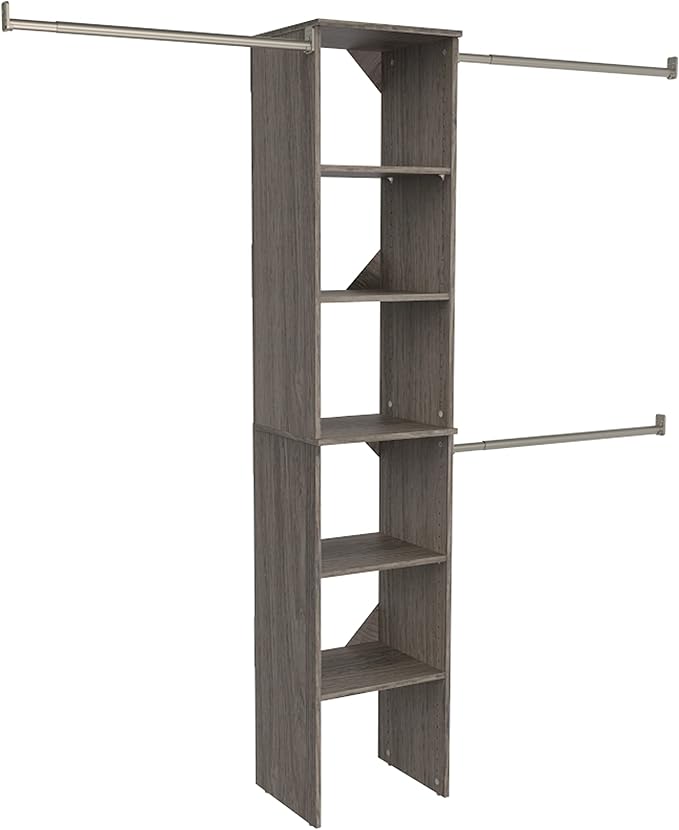 ClosetMaid SuiteSymphony Wood Closet Organizer Starter Kit with Tower and 3 Hang Rods, Shelves, Adjustable, Fits Spaces 4 – 9 ft. Wide, Graphite Grey