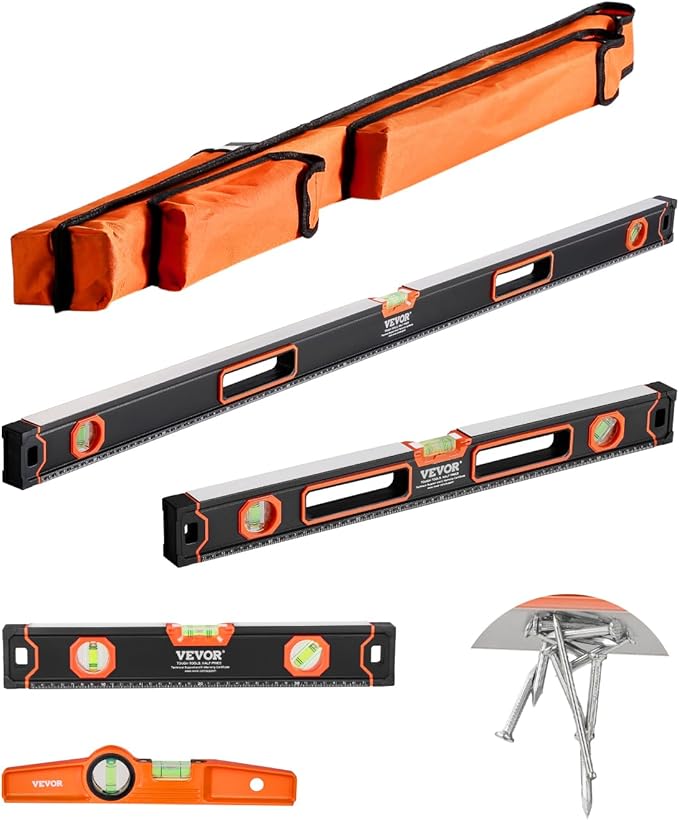 VEVOR 4-Piece Torpedo Level, 48/24/16/10 Inch All Magnetic Levels Set, Fluorescent Light Up Bubble Vials Ruler for 45/90/180 Degree, Aluminum Alloy Magnetic Box Leveler Tool, SAE and Metric Scale