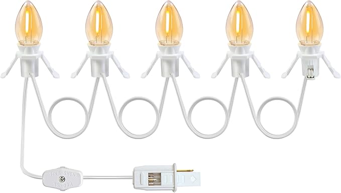 KGC LED Accessory Cord with 5 Pieces C7 Light Bulbs, 9FT White Cord with On/Off Switch Plugs - C7 led Bulb Warm White with Spare Fuse for Holiday Decoration and Craft Village House Decoration 1 Pack