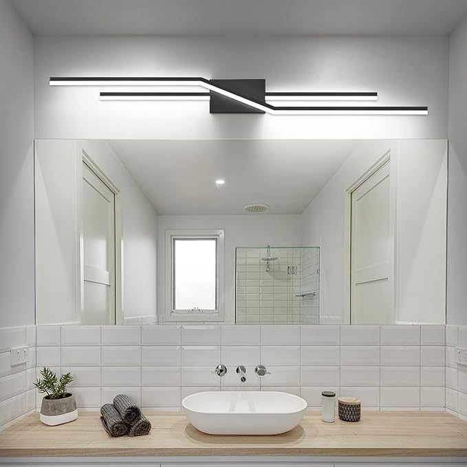 SOLFART Bathroom Vanity Light Dimmable Modern Matte Black Bathroom Light Fixtures Over Mirror 48 Inch LED Lights