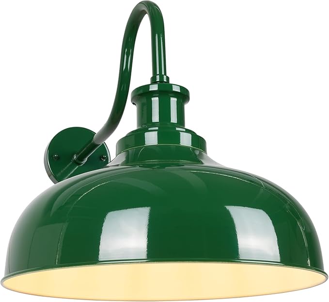 Outdoor Gooseneck Barn Light, 14 Inch Dome Rustic Outdoor Wall Sconce, Farmhouse Exterior Wall Mount Lighting Fixture, Industrial Green Wall Lantern for Porch, Entryway, Garage, RZ007M GR+WH