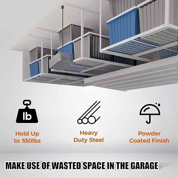 Kojem 3x6 Overhead Garage Storage Rack, 22'' to 40" Adjustable Heavy Duty Garage Ceiling Storage Racks Storage Organization System, 550LBS Weight Capacity, White,Heavy Duty Steel