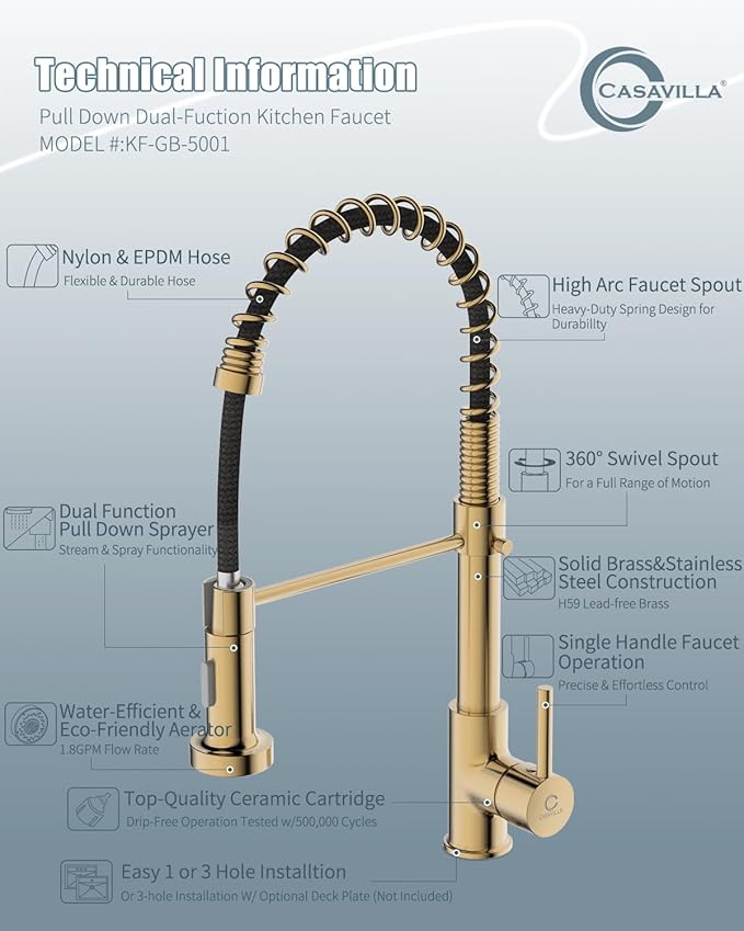 Kitchen Faucet, Brushed Gold Faucet for Kitchen Sink, Kitchen Sink Faucet with Pull Down Sprayer, Single Handle Stainless Steel Kitchen Faucets with Dual Function Spray Head