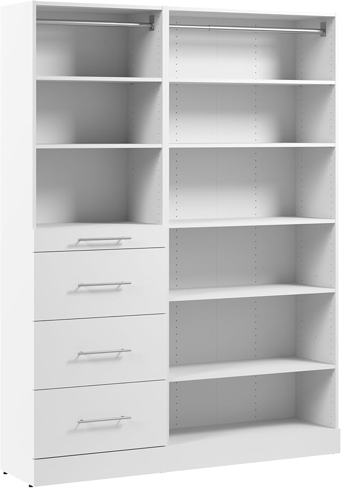 Bestar 61W x 16D Modular Closet Organizer System, Reach-in Closet or Walk-in with Shelves and Drawers, Slab Style, Florence Collection, White