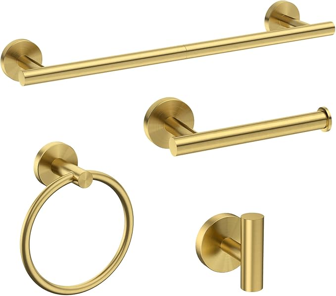 USHOWER Brushed Gold Bathroom Accessories Set, 18-Inch Towel Bar Set Wall Mounted, Durable SUS304 Stainless Steel Bathroom Hardware Set, 4-Piece