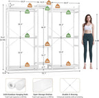 Homykic Bamboo Closet System Clothes Rack, Large Freestanding Garment Rack Clothing Rack for Hanging Clothes with 7 Storage Shelves and 5 Rods, Open Wardrobe Organizer with 4 Hooks, White