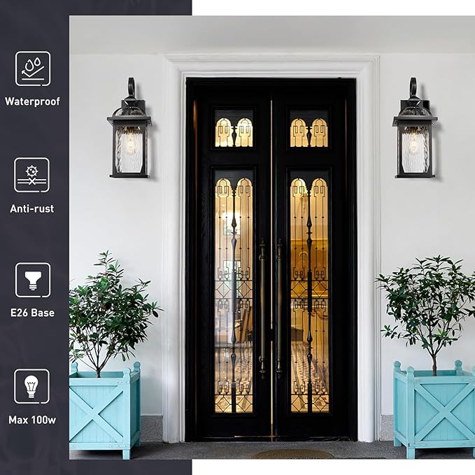 zeyu Large Outdoor Wall Fixture Lights, 22 Inch Exterior Porch Wall Lantern for Patio Porch, Die-Cast Aluminum with Water Ripple Glass, Black Finish, ZD100B-M BK-WP