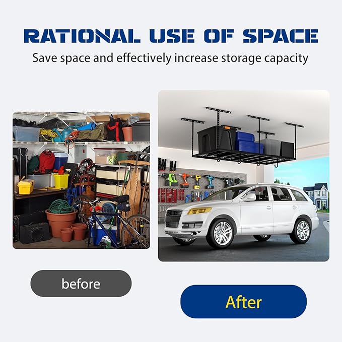 4x8 Overhead Garage Storage Rack with 4 Extra Hooks – Adjustable Heavy-Duty Garage Ceiling Storage Racks (22"-40"), Holds 600 lbs, 22 lbs per Hook, Steel Hanging Organizer for Tools, Bins & Bikes