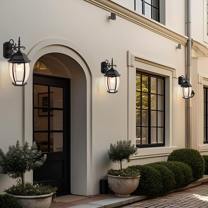Outdoor Wall Lights, 18inch Waterproof Exterior Lighting Fixtures, Black Large Wall Sconce with Glass Shades, E26 Aluminium Outside Lanterns for Porch Farmhouse Patio Doorway Garage