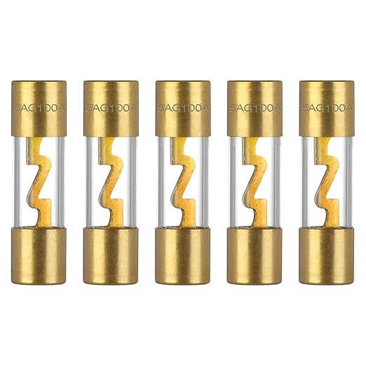 100A AGU Fuse 100 Amp Gold Plated Glass Inline Automobile Audio Fuses for Car Auto Stereo Amplifier Safety Power Protection 12V (Pack of 5 Pcs)