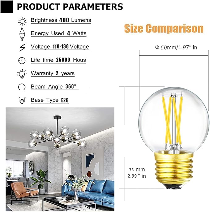 Leools Dimmable E26 LED Bulb 4W Equal E26 40 Watt Light Bulb,E26 Globe Edison Light Bulbs,Daylight 4000K G16.5 Light Bulb led for Pendant,Chandeliers,Vanity,Wall sconces, AC120V,400lm.6Pack