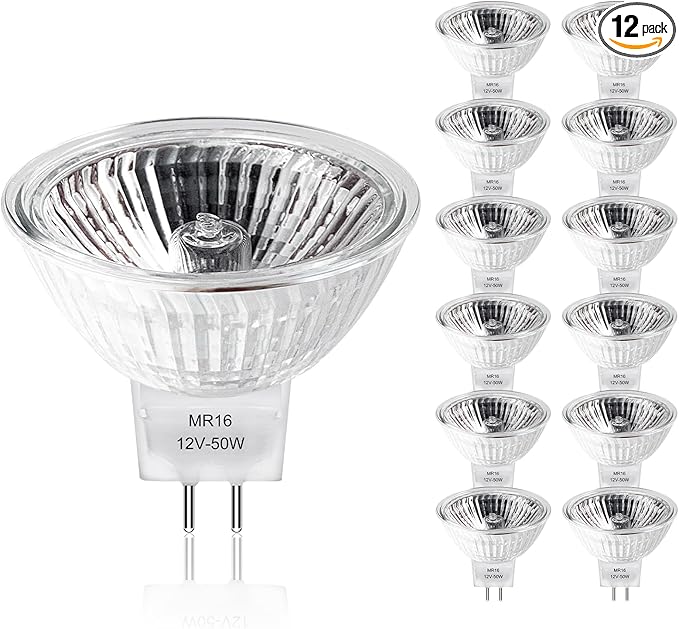 MR16 Halogen Bulbs 2 Pin, 12V 50W 12 Packs Halogen Light Bulbs Gu5.3 Base Dimmable with Clear Glass Cover, 2700K Warm White for Landscape Lights, Track Lights, Fiber Optics, Desk Lamps