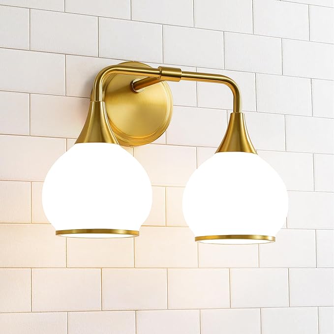 Brushed Gold Bathroom Light Fixtures 2-Lights Vanity Lights with Milky White Frosted Glass Shade Bathroom Vanity Light 14 inch Wall Sconce Lighting Bath(Exclude E26 Bulb)