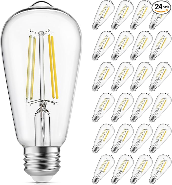LED Edison Light Bulbs, 60W Equivalent Incandescent Edison Bulbs, Efficient 6W ST58, E26 Medium Base, Dimmable, 750 Lumens, 4000K, Cool White, 90+ CRI, Clear - 24 Count (Pack of 1)