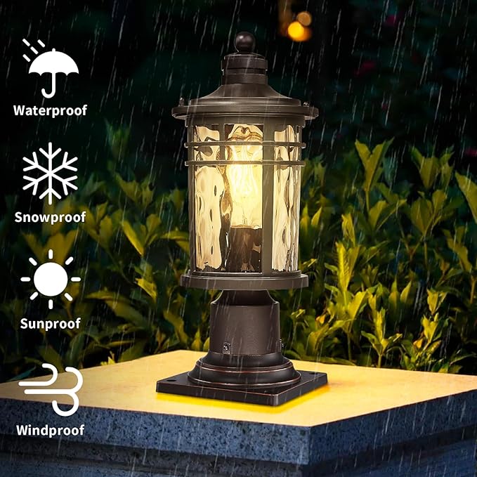 Darkaway Outdoor Post Light,2pcs Lamp Post Light Fixture, Waterproof Aluminum Housing with Amber Ripple Glass for Garden Patio Pathway Entry