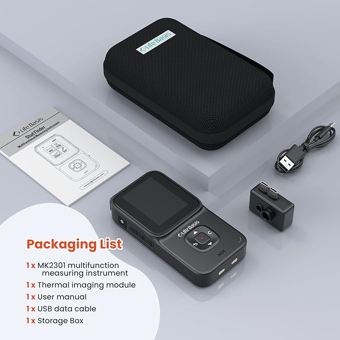 LifeBasis Stud Finder 5 in 1 Wall Scanner for Metal, Wood, Pipe, AC Wires, Measuring Tool for Length, Area, Volume, Stud Beam Detector USB Moisture Meter with Thermal Imager Screen and Alarm- Black