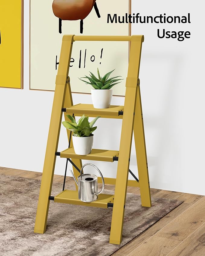 Taranta 3 Step Ladder, Lightweight Aluminum Step Stool with Convenient Handgrip, Folding Ladder with Anti-Slip Pedals, 330lbs Capacity Stepladder for Home, Office, Kitchen - Twilight Yellow