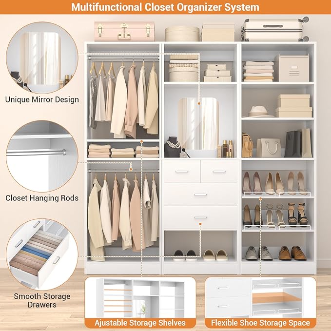 Unikito 75” Closet System with Drawers, 6.2FT Wood Closet Organizer with Hanging Rods and Mirror, Reversible Large Walk in Closets Wardrobe Garment Rack with Shoe Shelves, Max Load 2000 LBS, White