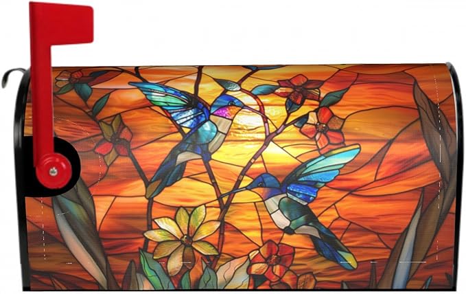 Stained Glass Hummingbird Magnetic Mailbox Cover for Fall and Thanksgiving - Standard Size 18 x 21 Autumn Outdoor Welcome Decoration
