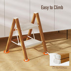 2 Step Lightweight Aluminum Folding Ladder, Portable Step Stool with Anti-Slip Pedals, 330 lbs Capacity for Home, Office, Kitchen（White&Woodgrain）