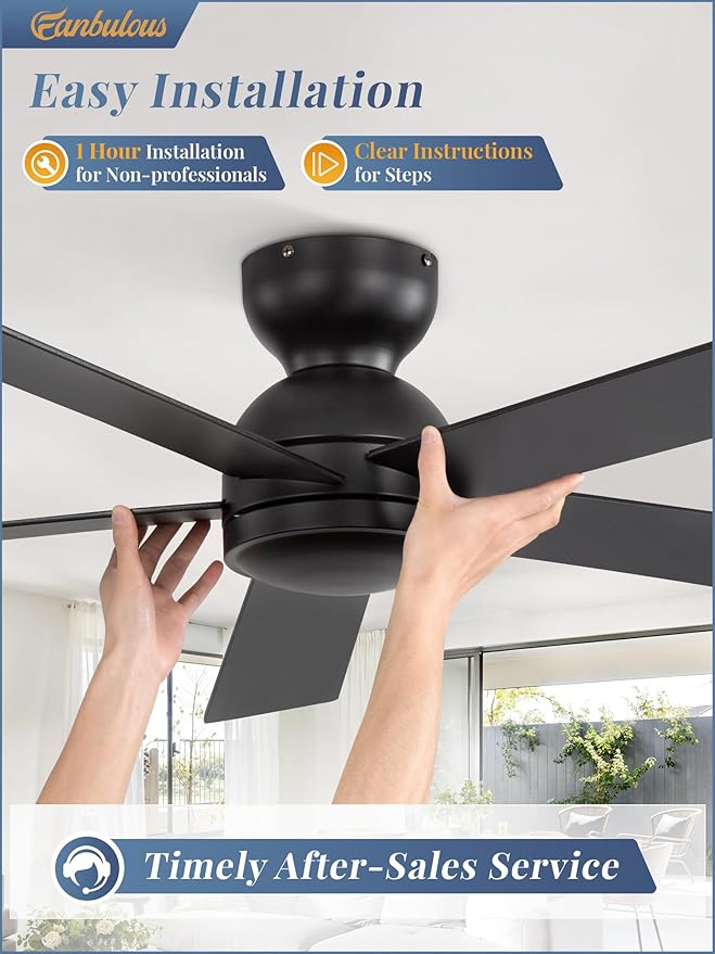 2 Pack 48 Inch Low Profile Ceiling Fan no Light, Black Ceiling Fan without lights, 6-Speeds, Quiet Reversible DC Motor, Indoor/Outdoor Ceiling Fans without Lights for Patio, Living Room, Bedroom