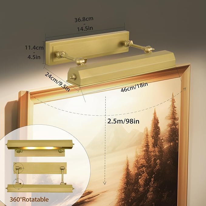 18in Picture Lights Hardwired, Brass Picture Light, Gold Modern Picture Light for Wall, 270°Rotatable Art Light Gallery Lights, Wall Picture Lights Painting Light for Artwork Poster Portrait Display