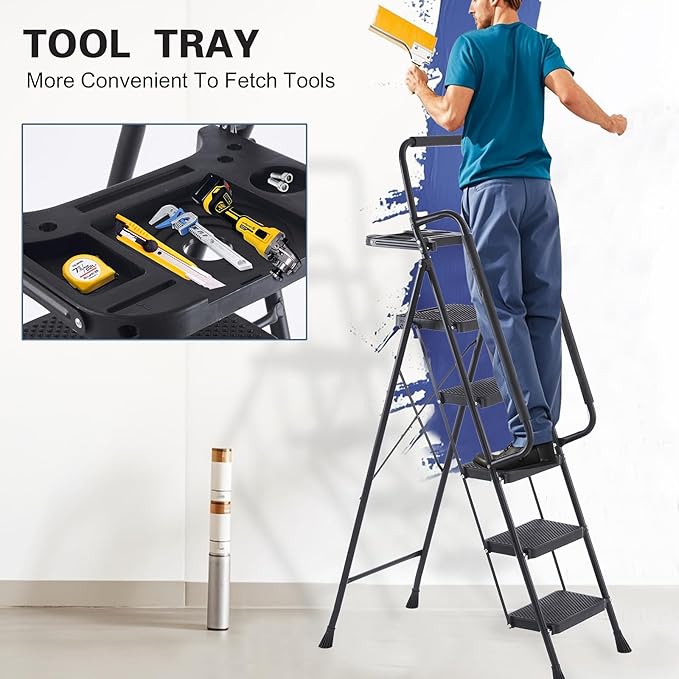 Nazhura Foldable 5 Step Stool Ladder,300 Lb Weight Limit Folding 5 Stepping Ladder for Kitchen, with Wide Anti-Slip Pedal, Sturdy Steel Ladder, Convenient Handrail, Lightweight (5 Step)