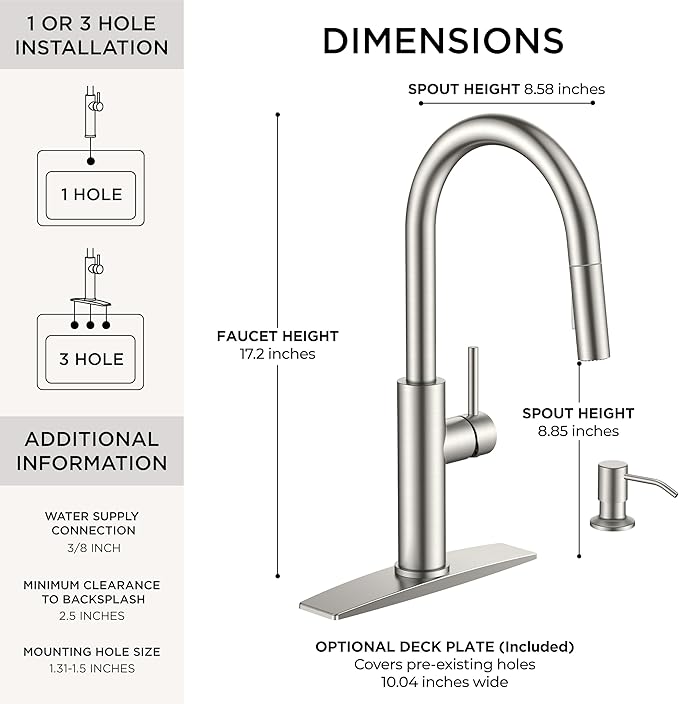 FORIOUS Kitchen Faucet with Soap Dispenser, Modern Brushed Nickel, Single Handle High Arc Stainless Steel Kitchen Sink Faucet with Pull Down Sprayer, 1 or 3 Hole Deck Mount for RV, Laundry, Outdoor