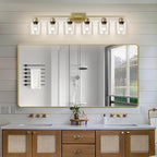 Modern Brushed Gold 6 Light Bathroom Light Fixtures,38 inch Vanity Lights for Bathroom with Clear Glass, Vanity Light for Mirror Kitchen Living Room Hallway Cabinet Porch