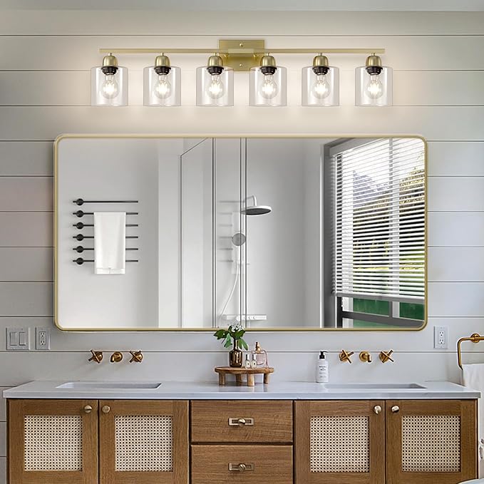Modern Brushed Gold 6 Light Bathroom Light Fixtures,38 inch Vanity Lights for Bathroom with Clear Glass, Vanity Light for Mirror Kitchen Living Room Hallway Cabinet Porch