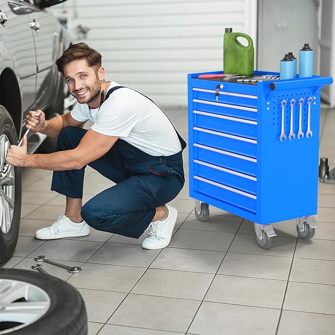 7-Drawer Rolling Tool Chest, Tool Box with 4 Wheels and Drawers, High Capacity Detachable Mobile Tool Storage Cabinet for Garage, Workshop, Mechanics and Repair Room (Blue)