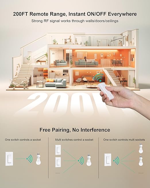 Remote Control Light Bulb Socket, Decorator Rocker Wall Switch, 200FT Range Wireless Light Switch for Pull Chain Light Fixture, E26 E27 Base, No Wiring Needed (2 Wall Switches and 1 Socket)