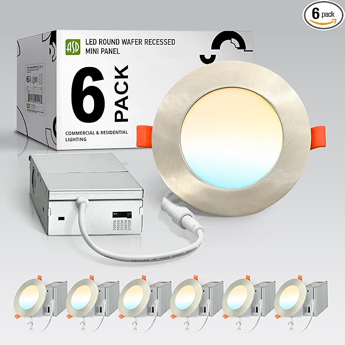 ASD 6 Pack LED Recessed Lighting 4 Inch 9W, 5 CCT 2700K-5000K CRI90+, IC Rated Ultra Thin Dimmable Ceiling Lights with J Box, Canless Wafer Downlight, Round Slim Panel Light, Energy Star ETL, Nickel