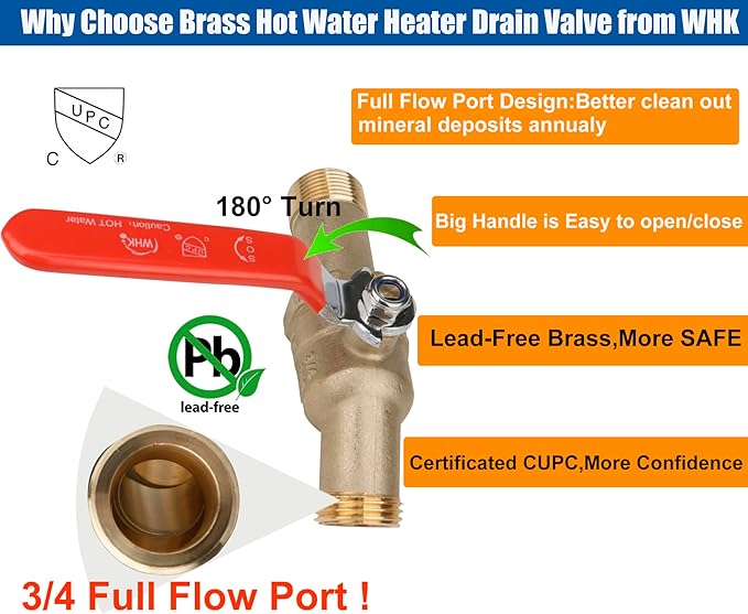 WHK Water Heater Drain Valve 3/4"MIP X 3/4" Male GHT Full Port Connection to drain or Flush Hot Water Heater Faster and Easy(Lead-Free Brass,3 Inch Shank with Long Handle)