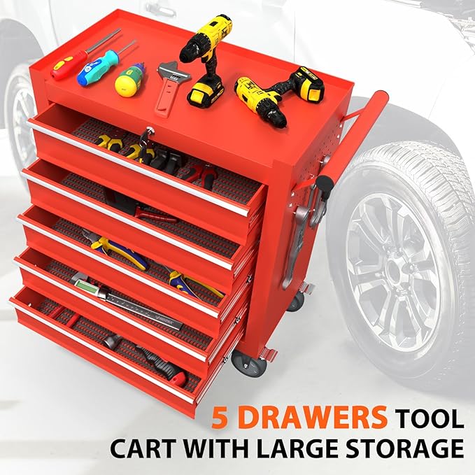 5-Drawer Rolling Tool Chest, Tool Box with 4 Wheels and Drawers, High Capacity Detachable Mobile Tool Storage Cabinet for Garage, Workshop, Mechanics and Repair Room (Red)